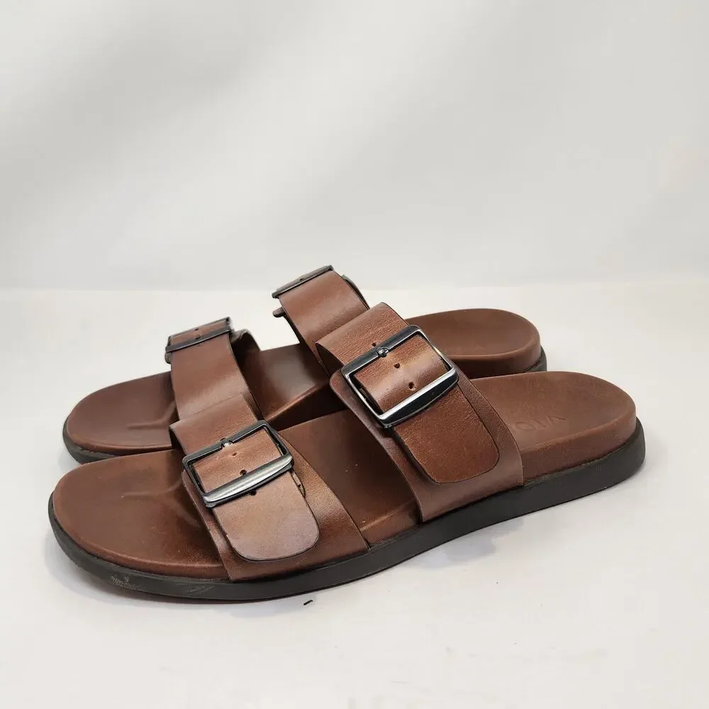 Vionic Charlie Double Strap Slip On Sandals Men Size 9 M Brown Leather Comfort